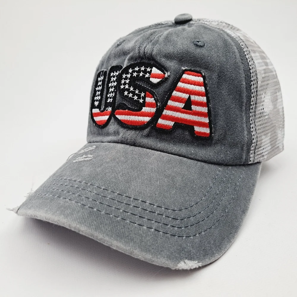 Patriotic USA Embroidered Patch Ponytail Hat Cap Mesh Net Stars Gray Rel…